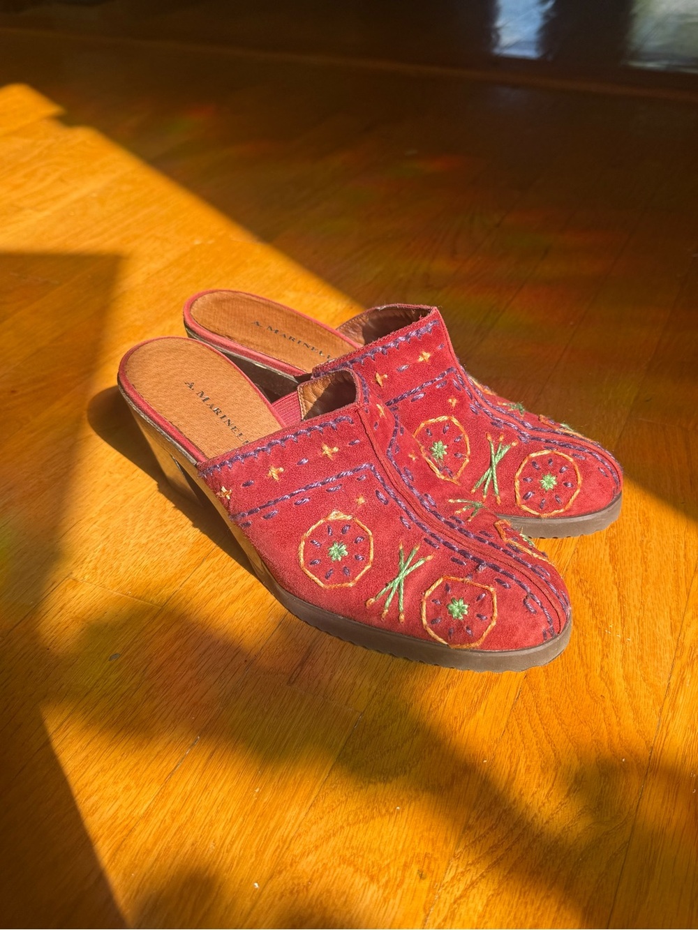 A. Marinelli Red Embroidered Suede Mule Heels